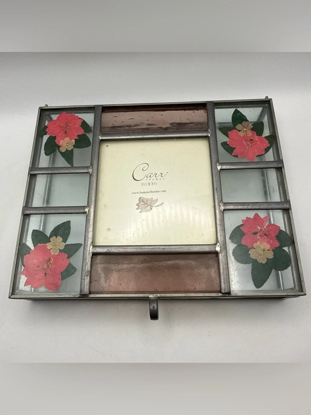 Carr Burnes of Boston Stained Glass Photo Keepsake Trinket Box Pressed Flowers